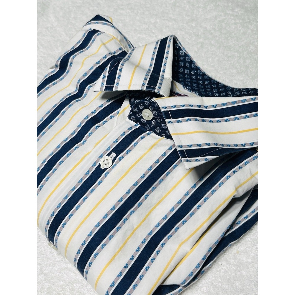 Robert Graham Shirt Mens 16.5 L Cotton Silk Blue Yellow Multi Stripe Button Up